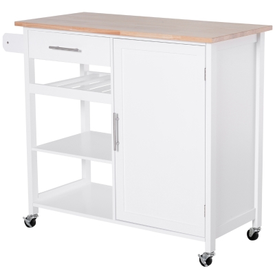 HOMCOM Küchenwagen Küchenschrank Rollwagen Schublade Massivholz Weiß 105 x 45 x 89 cm
