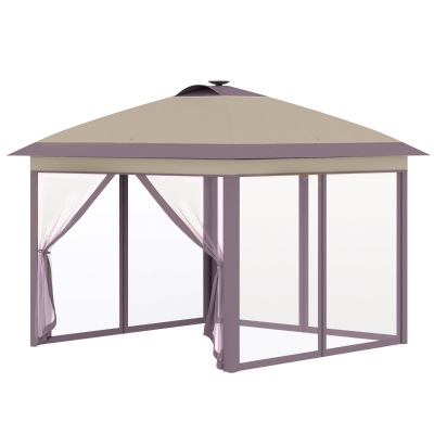 Outsunny Carpa Plegable Exterior 3,3x3,3x2,85 m con Luces LED y Control Remoto Cenador de Jardín con 4 Mosquiteras Extraíbles y Bolsa de Transporte para Camping Fiestas Beige