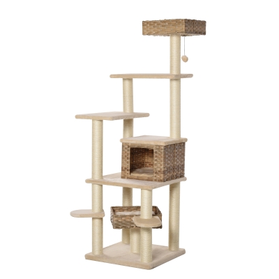 PawHut® Kratzbaum katze mit Katzenhöhle Mehrstufiger Rattan Katzenbaum für Katzen Beige+Braun