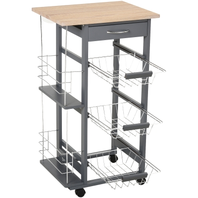 HOMCOM Küchenwagen auf Rädern, 2 Regale, Arbeitsplatte, In- und Outdoor, Grau, Kiefernholz, 47 x 37 x 83 cm