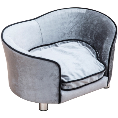 PawHut Hundesofa, Hundebett, waschbares Sitzkissen, Plüschbezug, Naturholzrahmen, hellgrau, 69 x 49 x 38cm