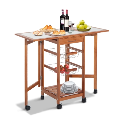 HOMCOM Servierwagen, Küchenwagen, zwei klappbare Seitenelemente, Keramikplatte, Kiefernholz, 91 x 37 x 75cm
