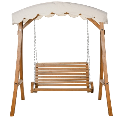 Outsunny Hollywoodschaukel, 2-Sitzer Gartenschaukel, Schaukelbank mit Sonnendach, Lärchenholz, Cremeweiß, 170 x 135 x 170 cm