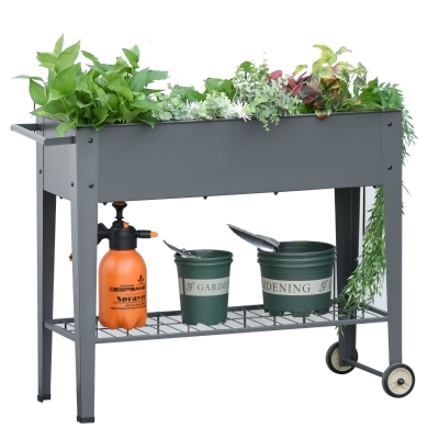 Outsunny® Hochbeet mit Rädern und Regal Kräuterbeet Pflanzenbeet Metall Kunststoff Grau