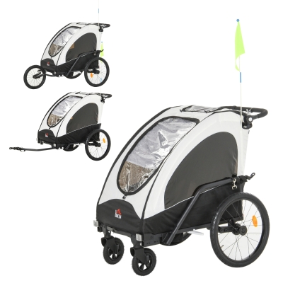HOMCOM 3 in 1 Kinderanhänger Aluminium Kinder Jogger Fahrradanhänger Radanhänger für 2 kinder mit Fahne Weiß+Schwarz
