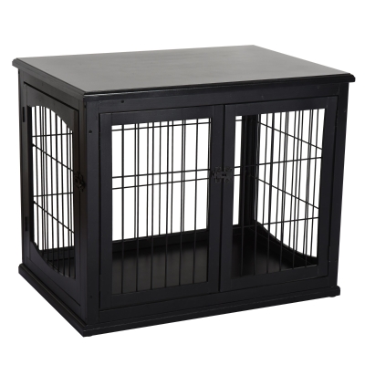 PawHut Hundehütte mit Tischoberfläche, Hundebox für innen, Hundekäfig für Zuhause, 2 Türen, Tierkäfig, Haustier, MDF, Metall, Schwarz, 81 x 58,5 x 66 cm