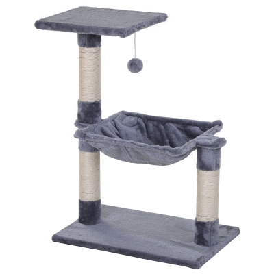 PawHut Kletterbaum Katzenbaum Kratzbaum mit Sisalsäule Plüsch-Hängematte Spanplatte Grau 50 x 36 x 70 cm