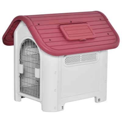 PawHut Hundehütte Outdoor Hundehaus mit Dachluke Tor Unterschlupf für kleine Hunde Kleintierstall Luftzirkulation wasserdicht Metall PP Rot+Hellgrau 59 x 75 x 66 cm