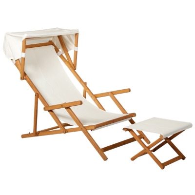 Outsunny Sonnenliege Gartenliege Relaxliege verstellbar Liegestuhl Relaxsessel Gartenmöbel mit Sonnendach Hocker Akazie + Polyester Natur+Weiß 126 x 70 x 94cm