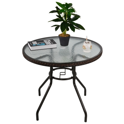 Outsunny Rattan Gartentisch runder Esstisch Glastisch Gartenmöbel Tisch Polyrattan+gehärtetes Glas Braun Ø80 x 71H cm