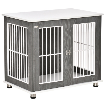 PawHut Transportbox für mittelgroße und große Hunde, verriegelbar Holzwerkstoff Stahl Grau + Weiß