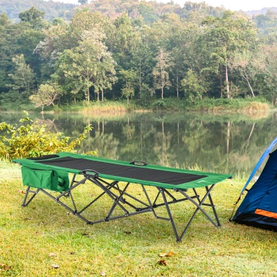 Składane Łóżko Campingowe Outsunny z Boczną Kieszenią i Uchwytem na Napój, Nośność do 136 kg, Stal i Oxford, Zielony+Czarny, 190 x 65 x 40 cm