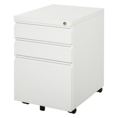 Vinsetto Rollcontainer mit 3 Schubladen Aktenschrank Büroschrank mit Rädern Bürocontainer mit konkavem Griff für Home-Office Stahl Weiß 39 x 48 x 60 cm