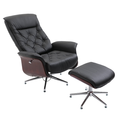HOMCOM Relaxsessel mit Hocker Fernsehsessel Polstersessel 360° drehbar 145° neigbar Chesterfield PU-Bezug Holzverkleidung Metallfuß Schwarz 82 x 83 x 110 cm