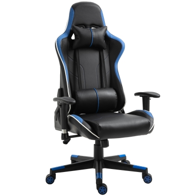 Vinsetto Gaming Stuhl mit Liegefunktion Bürostuhl Schreibtischstuhl mit Kopfstütze und Lendenkissen Griff verstellbar PVC Leder Blau+Schwarz 70 x 60 x 128-138 cm