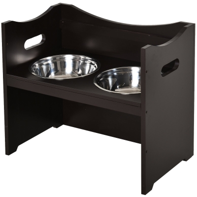 PawHut Höhenverstellbarer Hunde Fressnapf, Futterstation, Edelstahlnapf, Katzenapf, MDF, Edelstahl, Dunkelbraun, 54 x 31,5 x 47