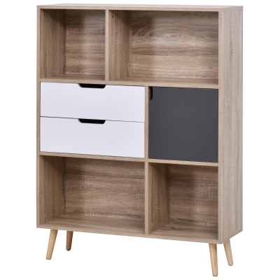 HOMCOM Bücherregal Standregal Kommode Küchenschrank Kommoden Sideboard Würfelregal mit 4 offenen Regalen, 2 Schubladen und 1 Türschrank, Weiß+Natur+Grau, Spanplatte, 90 x 30 x 120 cm