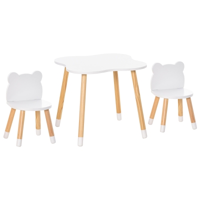 HOMCOM 3-teiliges Kindertisch-Set bogenförmige Kindersitzgruppe Tisch mit 2 Stühlen MDF Tischbeine aus Kiefernholz Weiß+Naturholz 56 x 56 x 50 cm