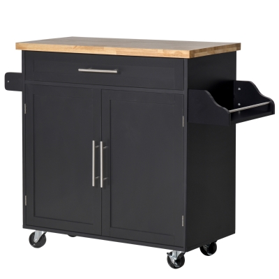 HOMCOM Küchenwagen rollbar Servierwagen Küchentrolley mit höhenverstellbaren Einlegeböden für Küche Wohnzimmer Esszimmer Gummiholz MDF Schwarz 109 x 40 x 89 cm