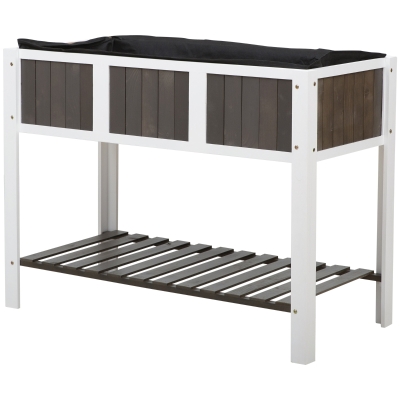 Outsunny Pflanztisch Gartenarbeitstisch hölzerne Gartenbeete für Gemüse Blumen, Pflanzkübel mit Regal, 119 x 57 x 89 cm, Tanne, nicht gewebter Stoff, Weiß+Grau