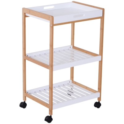 HOMCOM Küchenrollwagen Küchenwagen rollbar Küchentrolley Servierwagen abnehmbares Tablett Bambus + MDF Weiß + Natur 46 x 35 x 74,5 cm