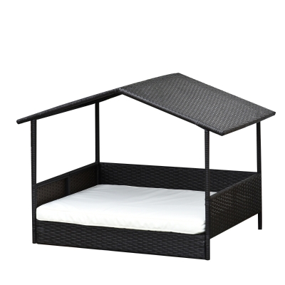 PawHut® Rattan Hundehaus Hundebett mit Kissen Hausform Outdoor Hundehütte Stahlrahmen PP