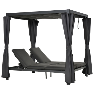Outsunny Sonnenliege für 2 Personen Doppelliege mit Vorhängen Sonnendach Pavillon Gartenliege Sonnenbett vertsellbar Aluminium Polyester Grau 205 x 165 x 200 cm