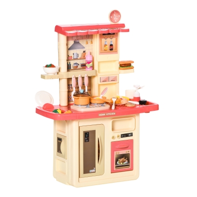 HOMCOM Kinderküche Spielzeugküche mit Zubehör Spielküche Küchenspielzeug mit Nebelbildung Wasserspray Lichter Musikfunktionen Spielzeugset für 3–6 Jahre PP-Kunststoff Rosa+Beige 60 x 27 x 84 cm