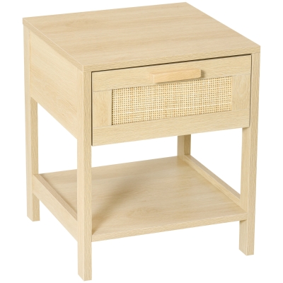 HOMCOM Nachttisch Nachtschrank Beistelltisch natürlicher Nachtkommode mit Schublade offenen Ablage Rattan-Design MDF Natur 40 x 40 x 48 cm
