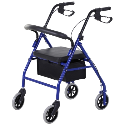 HOMCOM Rollator mit Stuhl, Faltbarer Gehwagen, Gehhilfe, Mobilität, mit Tasche, Bremse, 4-stufig verstellbare Griffe, Leichtgewicht, Metall Schwarz 75 x 56 x 83-93 cm