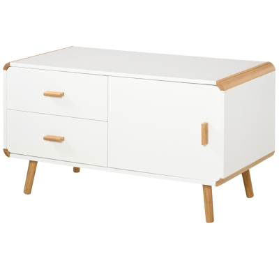 HOMCOM TV Schrank Lowboard Fernsehtisch TV-Kommode für Fernseher kleiner als 45'' mit 2 Schubladen und Schrank Wohnzimmer Bambus MDF Weiß+Natur 100 x 47 x 55,5 cm
