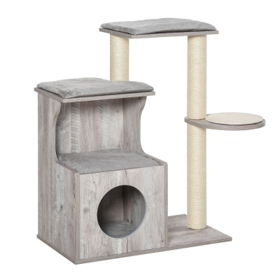 PawHut Kratzbaum mit Katzenhöhle Katzenbaum Kletterbaum für Katzen E1 MDF Sisal Grau 66 x 38 x 88 cm