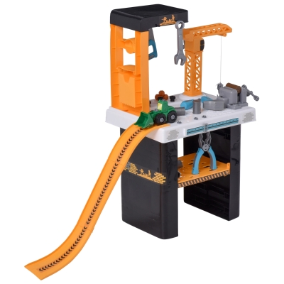 HOMCOM Kinder Werkbank Arbeitstisch Werkbanktisch mit Zubehören Baumeister Kran Rollenspiel Spielzeug ab 3 Jahre Orange+Schwarz 82 x 30 x 70 cm