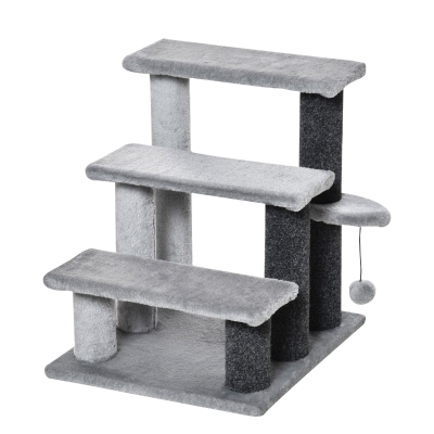 PawHut Haustiertreppe Katzentreppe mit Kratzbaum Ball 3-stufige Hundetreppe Tiertreppe Spanplatte Plüsch Jute Grau 45 x 40 x 48cm