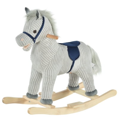HOMCOM Kinder Schaukelpferd Baby Schaukeltier Pferd mit Tiergeräusche Spielzeug Haltegriffe für 36-72 Monate Plüsch Grau 73 x 35 x 64 cm