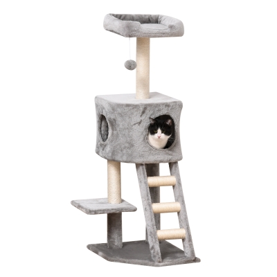 PawHut Kratzbaum mit Katzenhöhle Leiter Katzenbaum Kletterbaum für Katzen Mehrstufiges Multiaktivitätszentrum E1 MDF Sisal Hellgrau 60 x 48 x 122 cm