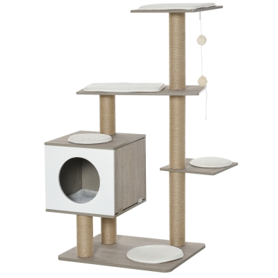 PawHut Kratzbaum Katzenbaum Kletterbaum für Katzen Mehrstufiges Multiaktivitätszentrum mit Katzenhöhle Rampe Weichkissen E1 MDF Hellgrau 60 x 48 x 122 cm