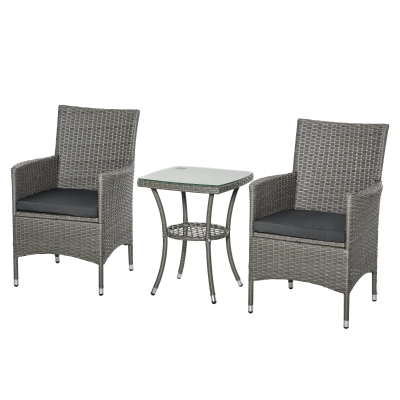 Outsunny Gartensitzgruppe mit Beistelltisch, 3-tlg. Rattan Gartenset, Sitzgarnitur mit Sitzkissen, Polyrattan + Stahl, Grau 60 x 58,5 x 89,5 cm