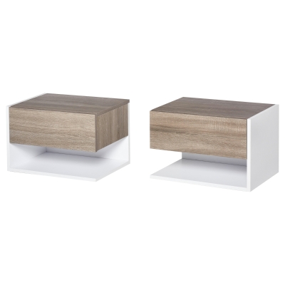 HOMCOM 2 tlg. Wandnachttische Nachttisch Wandschrank mit Schublade, Schlafzimmer Nachtkommode, Beistelltisch, Spanplatte, Eiche+Weiß, 46 x 30 x 30 cm