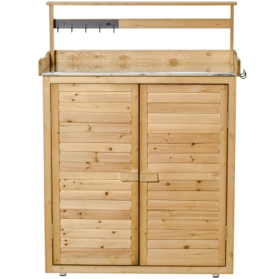 Outsunny Gartenschrank Pflanztisch mit Unterschrank Geräteschrank mit Arbeitsfläche 3 Fächern Gartentisch mit Unterschrank 2 Türen Massivholz Gelb 87 x 45 x 120 cm