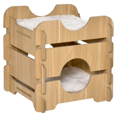 PawHut Katzenhöhle DIY Katzenbett mit 2 weichen Kissen 2 Etagen Katzenshclafplatz Katzenhaus Natur 50 x 50 x 50 cm