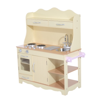 HOMCOM Holz Kinderküche Spielküche Spielzeugküche Kinderspielküche Spielzeug mit/ohne Zubehör/Fenster (Modell1/ natur)