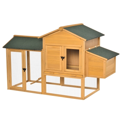 PawHut Hühnerstall Hühnerhaus mit Auslauf Geflügelstall mit Stange Fenster Nistkasten Tannenholz Gelb+Grün 168x75x103 cm