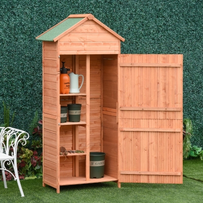 Outsunny 4-Tier Lockable Outdoor Garden Utility Gardener Tool Kit Storage Cabinet Wood Color