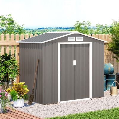 Outsunny 7ft x 4ft Lockable Metal Garden Tool Storage Shed Storage w/ Air Vents Grey