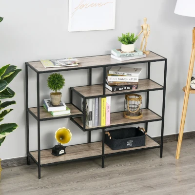 Regał HOMCOM, Biblioteczka w stylu industrialnym, Regał na dokumenty, Kuchenny, Płyta wiórowa P2, Metal, Czarny+jasny dąb, 120 x 32 x 95 cm