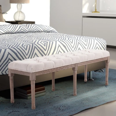 HOMCOM® ŁAWKA TAPICEROWANA RETRO GUZIKI WŁÓKNO LNIANE+DREWNO beżowy