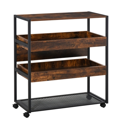 HOMCOM Küchenwagen Küchenrollwagen Servierwagen 3-stöckige Küchenregal Industrie-Design mit verstellbaren Füßen Rustikales Braun 80 x 40 x 90 cm