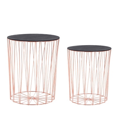 HOMCOM Beistelltisch mit Stauraum, 2er Set, Metall Korb mit Holzdeckel, Nachttisch, Rosa Gold, Ø40,7 x 49,5 cm, Ø33,8 x 40,8 cm