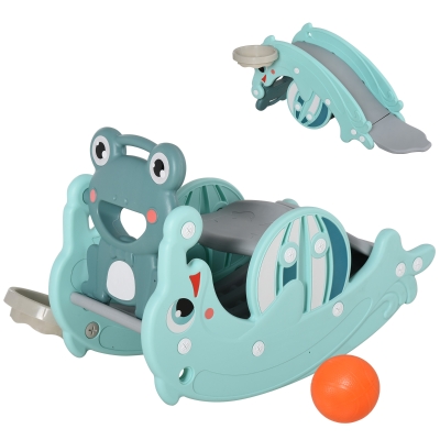 HOMCOM 3-in-1 Kinder Schaukelpferd Kinderrutsche Schaukeltier mit Basketballkorb für 3-5 Jahre HDPE Grün 72 x 34 x47 cm